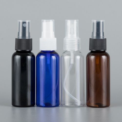 Frasco de plástico PET,con pulverizador transparente, azul y ámbar
