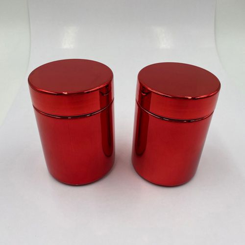Frasco de HDPE de color rojo, cromado.